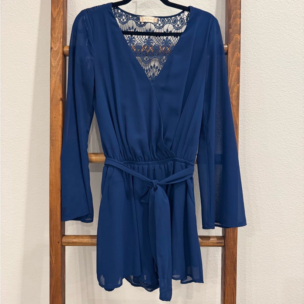 Altar’d State Navy Lace-Back Long Sleeve Romper